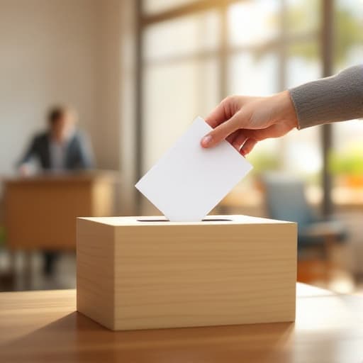 A hand placing a paper ballot into a wooden ballot box