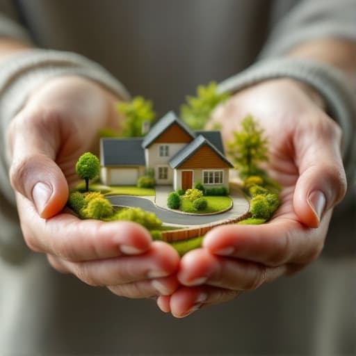 Hands holding a miniature model of a suburban neighborhood